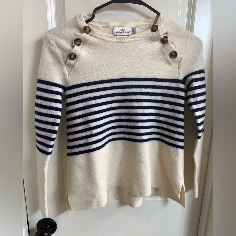Vineyard Vines Navy and Cream Merino Wool Striped Sweater